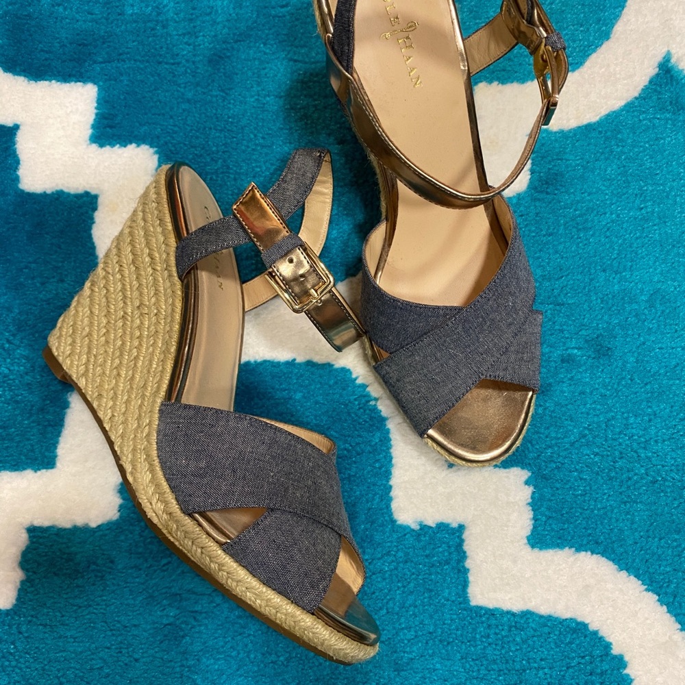 Wedge heel sandals, denim top leather under